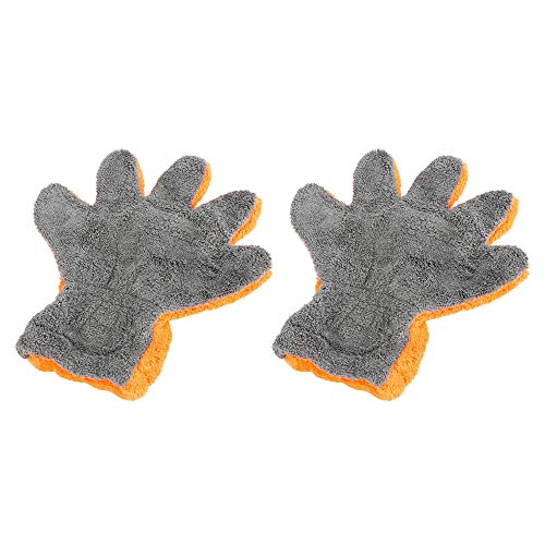 X AUTOHAUX Pair Orange Gray Coral Fleece Car Wash Mitt Microfiber Five Finger Glove Double Sided Dirt Washing Tool