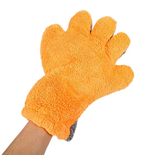 X AUTOHAUX Pair Orange Gray Coral Fleece Car Wash Mitt Microfiber Five Finger Glove Double Sided Dirt Washing Tool