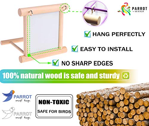 Blessed family Bird Parakeet Mirror for Cage,Parrot Perch Stand,Wooden Hummingbird Swing Toy,Parakeet Accessories for Cockatiels Conure Finch Lovebird Canary African Grey Macaw