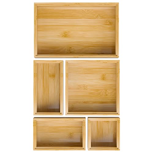 Bamboo Bathroom Drawer Organizer Dividers, Wooden Kitchen Utensil Holder Set of 5, Stackable Junk Drawer Organizer Tray, Multi-Use Storage Bins Boxs for Home, Office, Clothing, Makeup, Jewelry