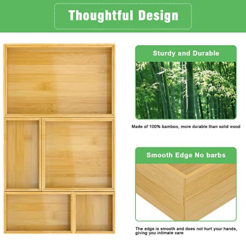 Bamboo Bathroom Drawer Organizer Dividers, Wooden Kitchen Utensil Holder Set of 5, Stackable Junk Drawer Organizer Tray, Multi-Use Storage Bins Boxs for Home, Office, Clothing, Makeup, Jewelry