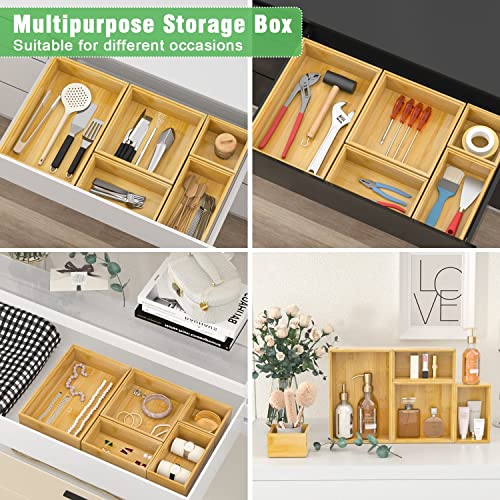 Bamboo Bathroom Drawer Organizer Dividers, Wooden Kitchen Utensil Holder Set of 5, Stackable Junk Drawer Organizer Tray, Multi-Use Storage Bins Boxs for Home, Office, Clothing, Makeup, Jewelry