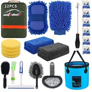 AUTODECO 22Pcs Car Wash Cleaning Tools Kit Car Detailing Set with Olive Green Canvas Bag Collapsible Bucket Wash Mitt Sponge Towels Tire Brush Window Scraper Duster Complete Interior Car Care Kit