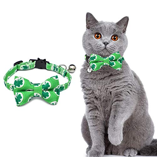 X-M St. Patrick's Day Cat Collar with Bow Tie Bell,Shamrocks Pattern,Safety Breakaway Cat Pet Collar