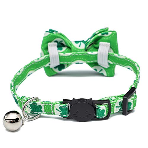 X-M St. Patrick's Day Cat Collar with Bow Tie Bell,Shamrocks Pattern,Safety Breakaway Cat Pet Collar