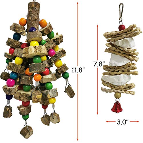 kathson 2PCS Natural Parrot Chewing Toys Wood Bird Toy Hanging Parakeet Hammock Cage Accessories Cuttlebone Beak Grinding for Parrots Cockatoos African Grey Cockatiels Conure Eclectus Budgies