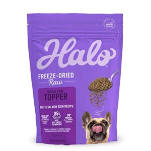 halo freeze dried raw skin & coat topper, beef and salmon skin recipe, raw, real meat topper, all life stages, 1lb bag