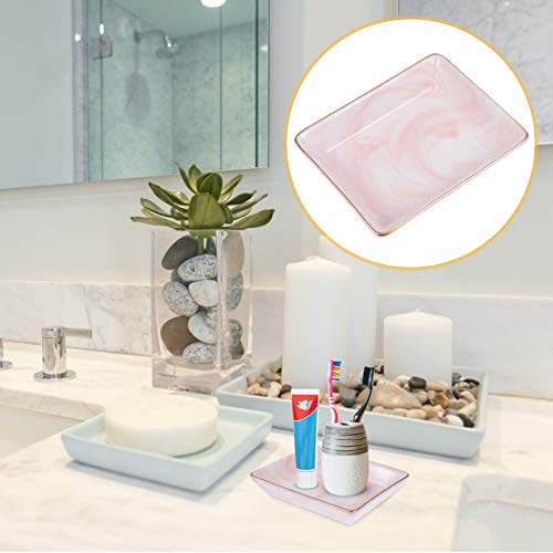 Cabilock 2PCS Bathroom Vanity Tray Marble Pattern Ceramic Toothbrush Holder Countertop Storage Organizer Decorative Jewelry Display Tray (Pink)