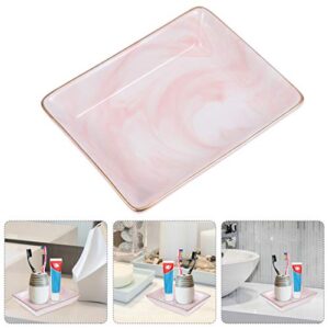 Cabilock 2PCS Bathroom Vanity Tray Marble Pattern Ceramic Toothbrush Holder Countertop Storage Organizer Decorative Jewelry Display Tray (Pink)