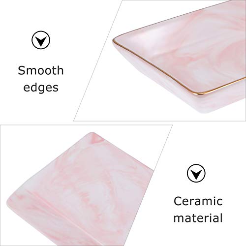 Cabilock 2PCS Bathroom Vanity Tray Marble Pattern Ceramic Toothbrush Holder Countertop Storage Organizer Decorative Jewelry Display Tray (Pink)