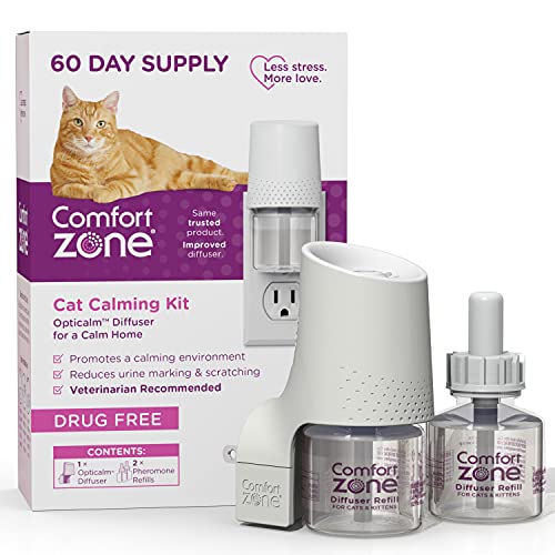 Comfort Zone Cat Calming Diffuser Starter Kit: 1 Diffuser & 2 Refills; Pheromones to Reduce Stress, Spraying & Scratching