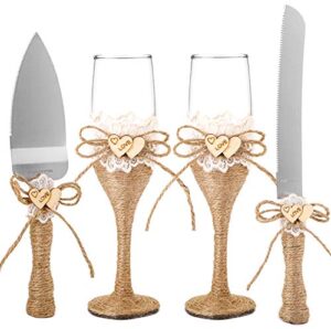 wuweot cake knife and server set with champagne glasses, rustic wedding supplies with jute handles and wood heart for wedding, birthdays, anniversaries, parties, rustic bride groom gifts