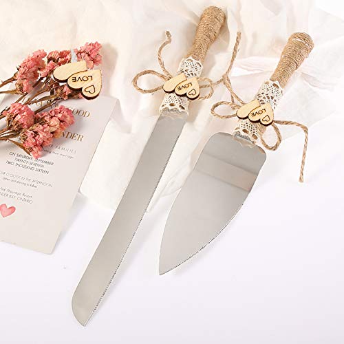 WUWEOT Cake Knife and Server Set with Champagne Glasses, Rustic Wedding Supplies with Jute Handles and Wood Heart for Wedding, Birthdays, Anniversaries, Parties, Rustic Bride Groom Gifts