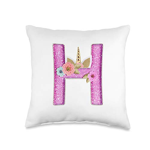 Cute Monogram Pillow Cases for Unicorn Fans Letter H I Initial Name Unicorn Bedroom Decoration for Girls Throw Pillow, 16x16, Multicolor