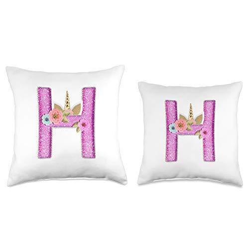 Cute Monogram Pillow Cases for Unicorn Fans Letter H I Initial Name Unicorn Bedroom Decoration for Girls Throw Pillow, 16x16, Multicolor