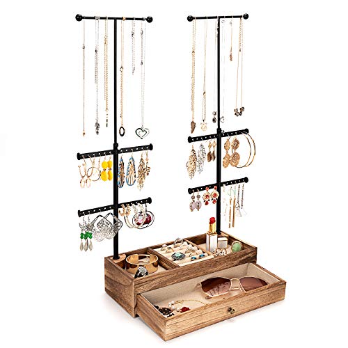 Emfogo Jewelry Organizer Stand Wood Basic Jewelry Drawer Storage Box with Double Rods & 6 Tier Jewelry Tree Stand Holder for Necklaces Bracelet Earring Ring Display(Carbonized Black)