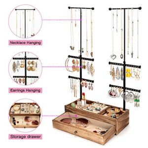 Emfogo Jewelry Organizer Stand Wood Basic Jewelry Drawer Storage Box with Double Rods & 6 Tier Jewelry Tree Stand Holder for Necklaces Bracelet Earring Ring Display(Carbonized Black)