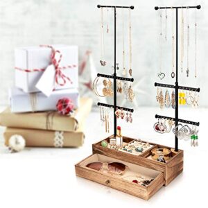 Emfogo Jewelry Organizer Stand Wood Basic Jewelry Drawer Storage Box with Double Rods & 6 Tier Jewelry Tree Stand Holder for Necklaces Bracelet Earring Ring Display(Carbonized Black)