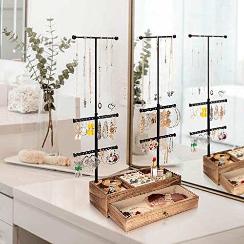 Emfogo Jewelry Organizer Stand Wood Basic Jewelry Drawer Storage Box with Double Rods & 6 Tier Jewelry Tree Stand Holder for Necklaces Bracelet Earring Ring Display(Carbonized Black)