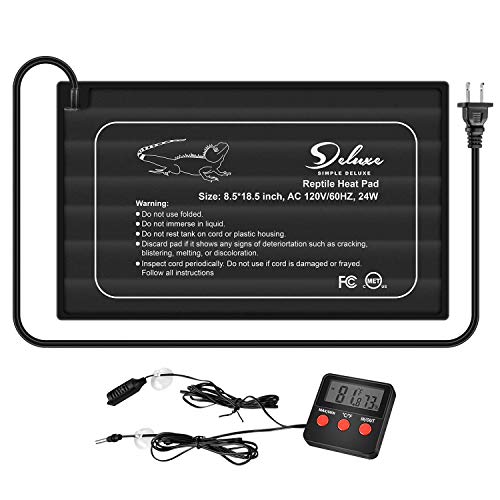 Simple Deluxe 8.5 X 18.5 Inch 24W Reptile Heating Pad with 2-Probe Digital Thermometer and Hygrometer Under Tank Heater Terrarium Warmer Heat Mat for Amphibians and Reptiles Pet, Black