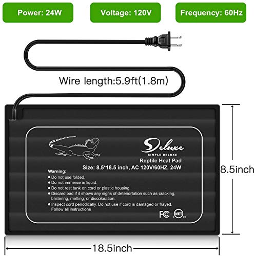 Simple Deluxe 8.5 X 18.5 Inch 24W Reptile Heating Pad with 2-Probe Digital Thermometer and Hygrometer Under Tank Heater Terrarium Warmer Heat Mat for Amphibians and Reptiles Pet, Black