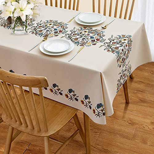 AIRCOWRIE Waterproof Vinyl Tablecloths, Heavy Duty Oil Proof Spill Proof Plastic Table Cloth, Wipe Clean PVC Table Cover for Spring Indoor and Outdoor Use (Embroidery Flower, 54”×108”, Rectangle)