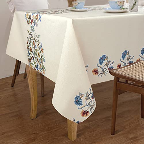 AIRCOWRIE Waterproof Vinyl Tablecloths, Heavy Duty Oil Proof Spill Proof Plastic Table Cloth, Wipe Clean PVC Table Cover for Spring Indoor and Outdoor Use (Embroidery Flower, 54”×108”, Rectangle)