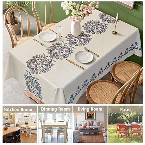 AIRCOWRIE Waterproof Vinyl Tablecloths, Heavy Duty Oil Proof Spill Proof Plastic Table Cloth, Wipe Clean PVC Table Cover for Spring Indoor and Outdoor Use (Embroidery Flower, 54”×108”, Rectangle)