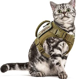 tactical cat harness for walking escape proof, soft mesh adjustable pet vest harness for large cat, small dog and khaki