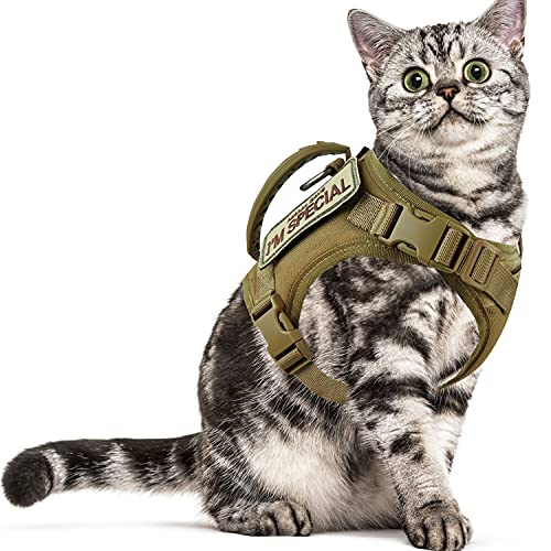 Tactical Cat Harness for Walking Escape Proof, Soft Mesh Adjustable Pet Vest Harness for Large Cat, Small Dog and Khaki