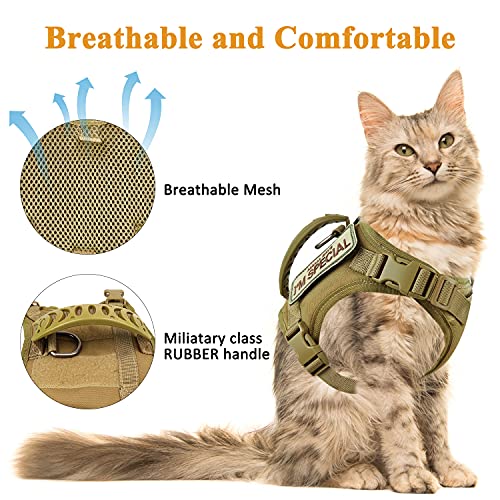 Tactical Cat Harness for Walking Escape Proof, Soft Mesh Adjustable Pet Vest Harness for Large Cat, Small Dog and Khaki