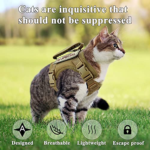 Tactical Cat Harness for Walking Escape Proof, Soft Mesh Adjustable Pet Vest Harness for Large Cat, Small Dog and Khaki