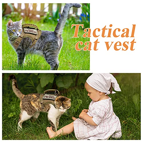 Tactical Cat Harness for Walking Escape Proof, Soft Mesh Adjustable Pet Vest Harness for Large Cat, Small Dog and Khaki