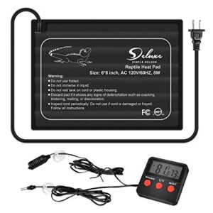 simple deluxe 6 x 8 inch 8w reptile heating pad with 2-probe digital thermometer and hygrometer under tank heater terrarium warmer heat mat for amphibians and reptiles pet, black