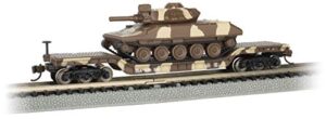 bachmann trains - 52' center-depressed flat car with sheridan tank - desert camo - n scale