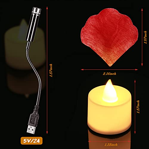 Valentine's Day 1000 Pieces Rose Flower Petals with 12 Pieces LED Love Candle Tealight Candles, 1 Piece USB Night Light for Valentine Day Proposal Wedding Birthday Party Decoration Table Centerpiece