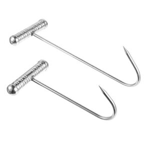 doitool 2pcs t shaped boning hooks stainless steel meat hook for butchering heavy duty butcher hooks with handle meat hangers for bacon sausage