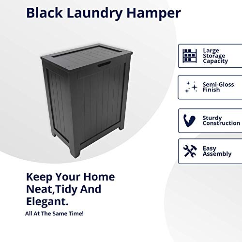 Wooden Hamper For Laundry with Lid, Contemporary Storage Bin Basket, Dark Cabinet Organizer for Bathroom, Guest Room, Bedroom with Modern Design and Durable Wood Construction (Black)