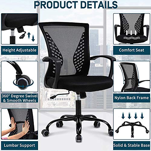 Ergonomic Office Chair Clearance Mid Back Mesh Chair with Lumbar Support and Armrest Adjustable Computer Chair Study Chair Rolling Task Chair Modern Executive Chair, Black