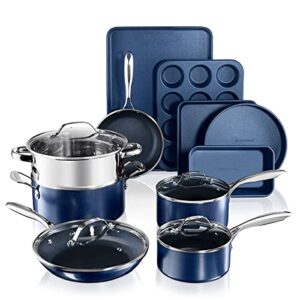 granitestone pots and pans set nonstick, 15 pc cookware set & bakeware set, complete kitchen cookware set, long lasting mineral nonstick coating, stay cool handles, ultra durable, 100% toxin free–blue
