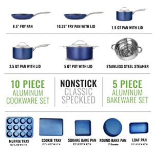 Granitestone Pots and Pans Set Nonstick, 15 Pc Cookware Set & Bakeware Set, Complete Kitchen Cookware Set, Long Lasting Mineral Nonstick Coating, Stay Cool Handles, Ultra Durable, 100% Toxin Free–Blue