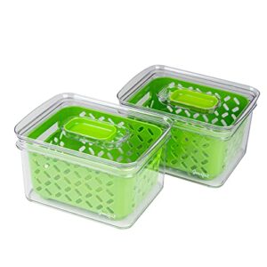 goodful produce keeper, adjustable air vents, removable insert/colander, durable food safe material, stackable, clear and green, small, 7.6" x 5.6" x 4.2", two pack