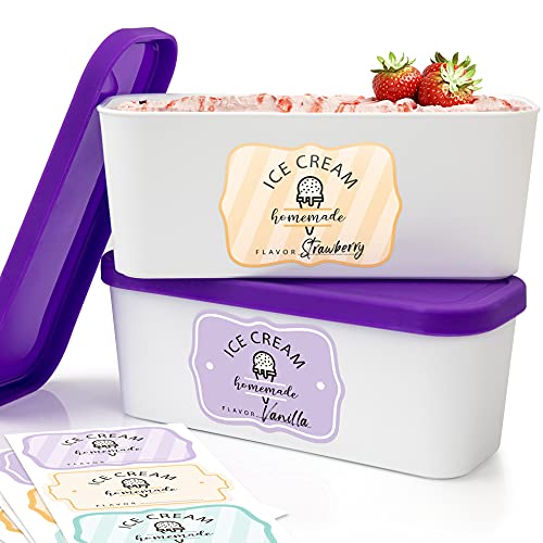 Set of 2 Reusable Ice Cream Tub Containers For Homemade Ice Cream 1.6 Quart Ea. - Perfect for Sorbet, Frozen Yogurt Or Gelato - Stackable Storage Containers, Stickers And Lids Stores Easily In Freezer