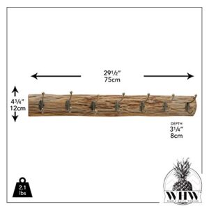 WHW Whole House Worlds Rustic 7 Hook Coat Rack, Wall Mounted, Oak Wood Plank with Tarnished Brass, Iron Hooks, 29.5 Long x 4.75 Tall x 3.25 Wide Inches, Bark-Peeled Finish