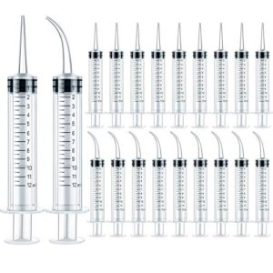 12 ml plastic syringes set, dental syringe with curved tip and straight tip, disposable irrigation syringe mouthwash cleaner for oral care, animal feeding, with measurement (20 pieces)