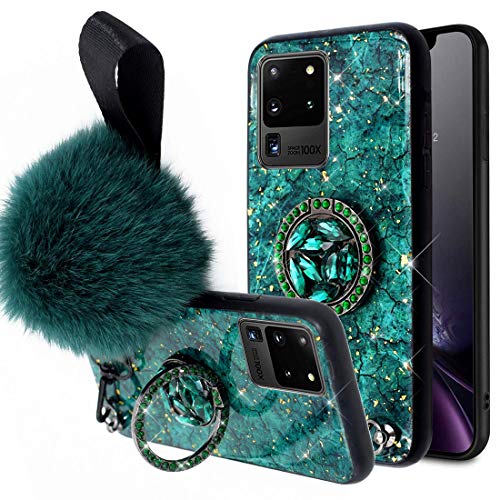 Aulzaju for Samsung S21 Ultra Case Bling Diamond Sparkle Marble Bumper Cover with Ring Kickstand Cute Glitter Rhinestone Fluffy Ball Wrist Strap Girl Woman Phone Case for Galaxy S21 Ultra (Green)