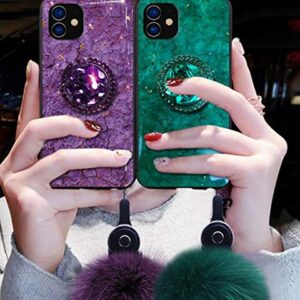 Aulzaju for Samsung S21 Ultra Case Bling Diamond Sparkle Marble Bumper Cover with Ring Kickstand Cute Glitter Rhinestone Fluffy Ball Wrist Strap Girl Woman Phone Case for Galaxy S21 Ultra (Green)