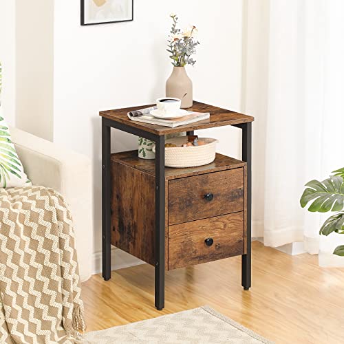 HOOBRO Nightstand, Bedside Table with 2 Drawers and Storage Shelves, Side End Table, Sofa Table for Living Room, Bedroom, Accent Furniture, Easy Assembly, Rustic Brown and Black BF43BZ01G2