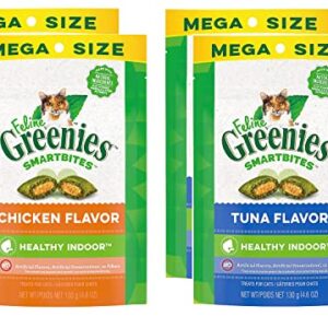 Greenies (4 Pack) Smartbites Hair Indoor Control (previously Called Hairball Control) Chicken and Tuna, (4.6oz, 2 Each) with 10ct PetFaves Wipes