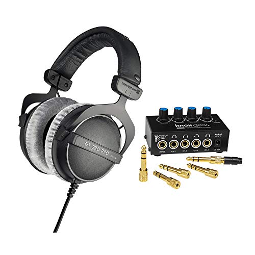 beyerdynamic DT 770 PRO 80 Ohm Over-Ear Studio Headphones (Black) with Knox Gear Compact 4-Channel Stereo Amplifier Bundle (2 Items)